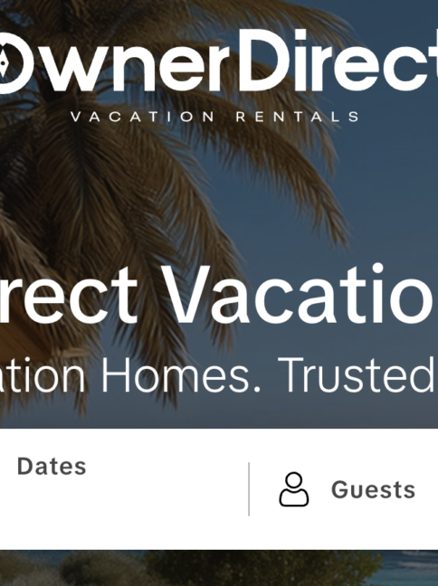 Owner Direct Vacation Rentals homepage with search fields for destination, dates, and guests